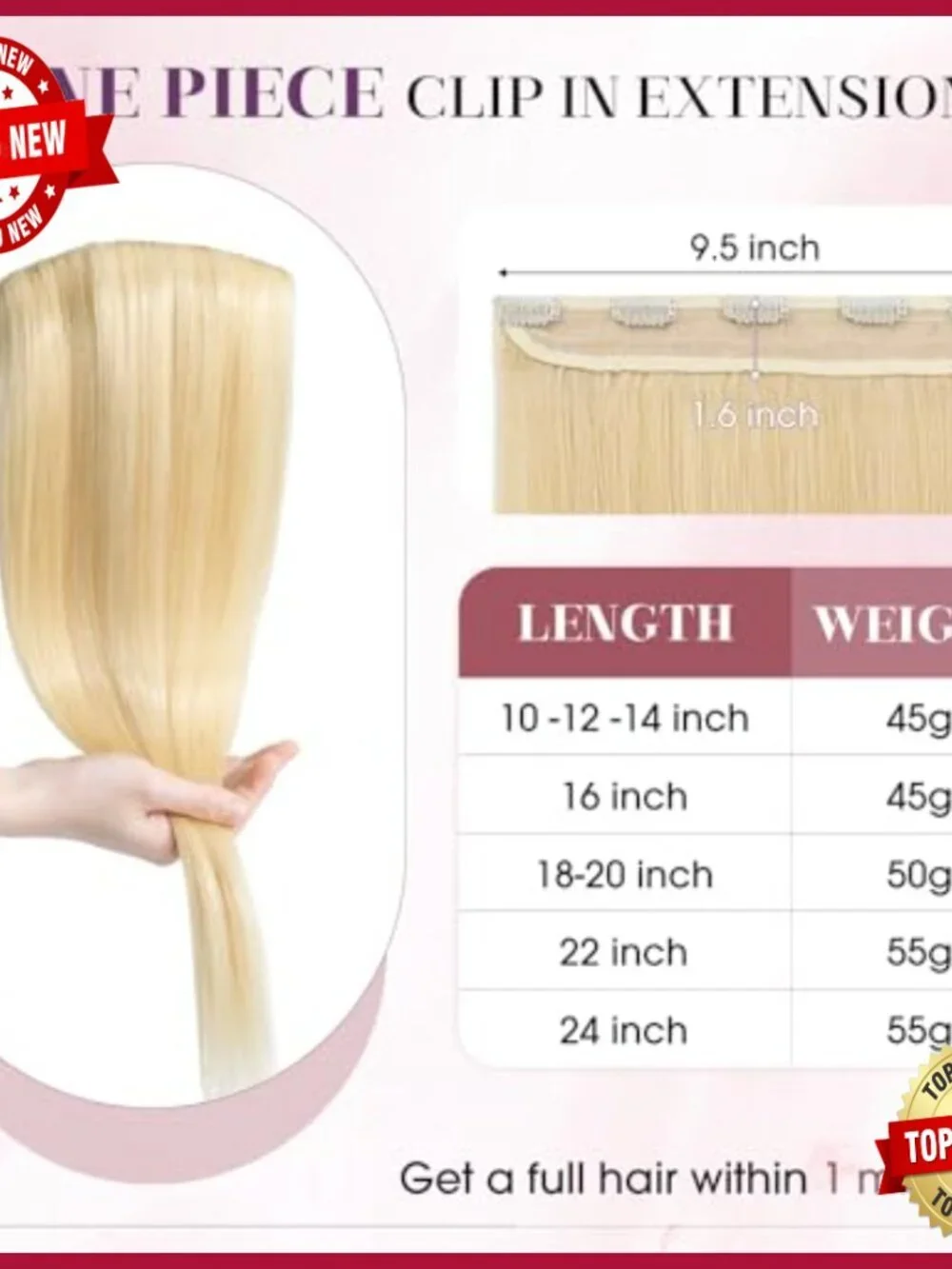 Human Hair Clip-In Extensions 20 Inch One Piece 5 Clips Remy Hair